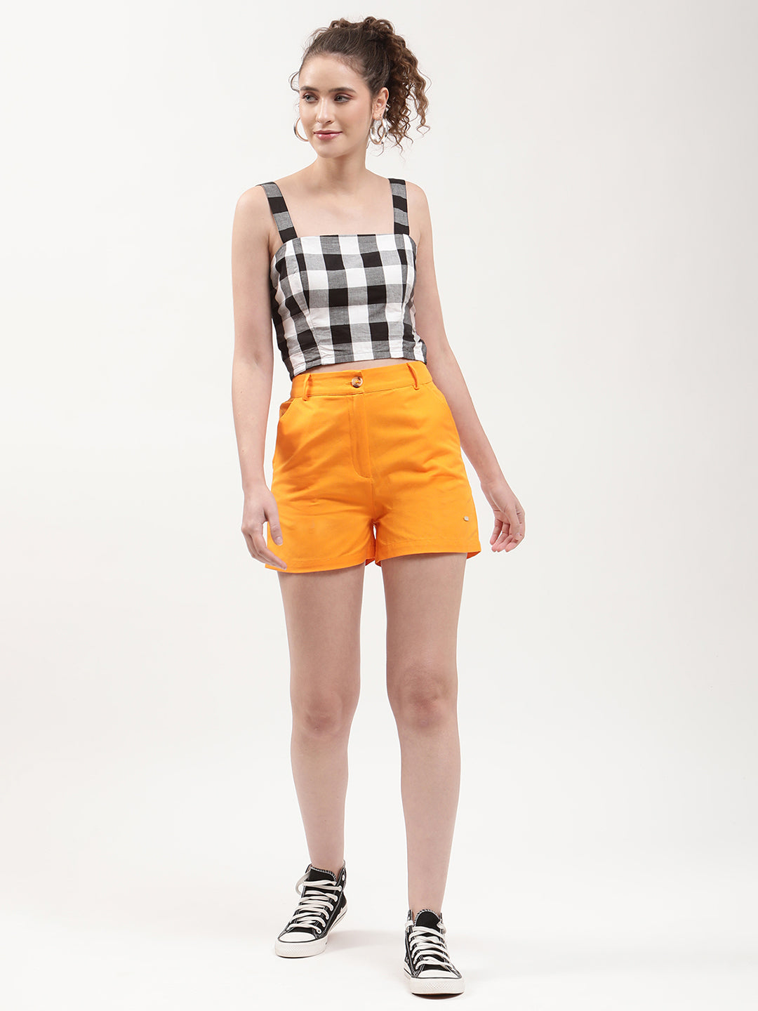 Elle Women Black Checked Square Neck Top