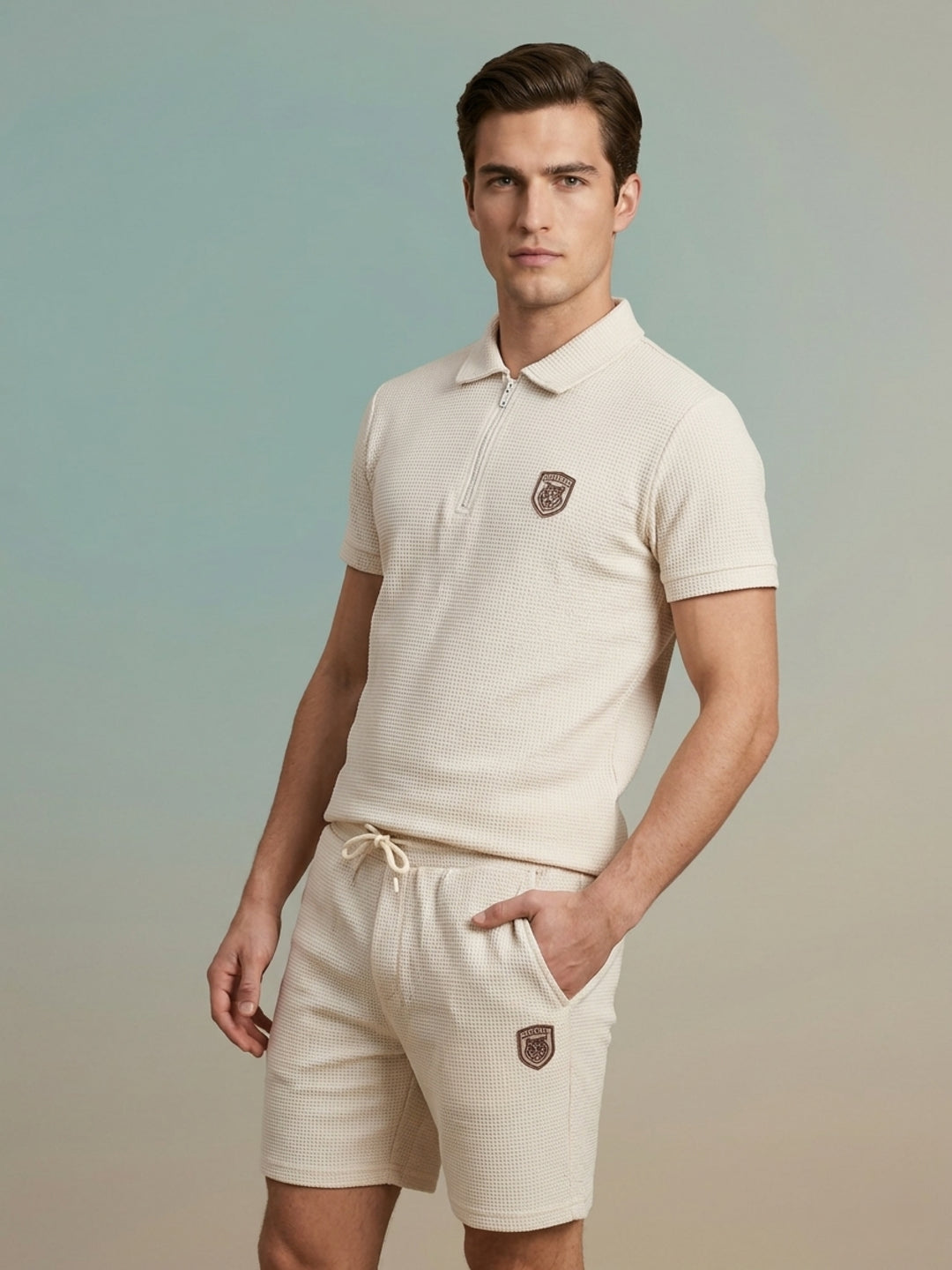 Iconic Men Cream Solid Regular Fit Polo T-Shirt