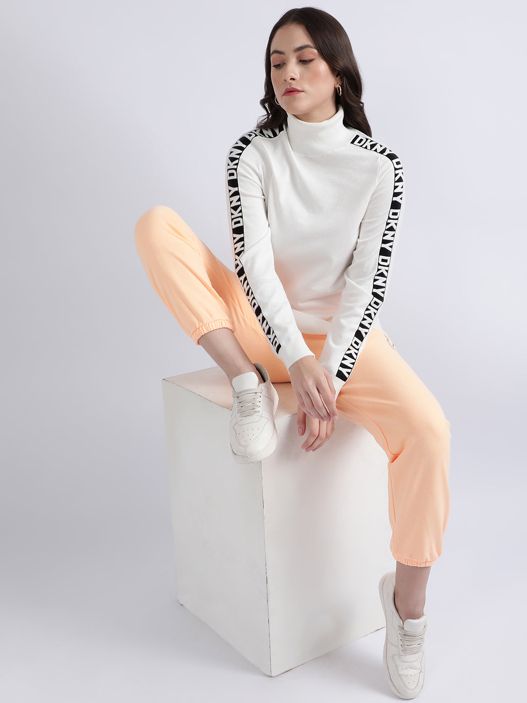 DKNY Women Ivory Printed Turtle Neck Sweater