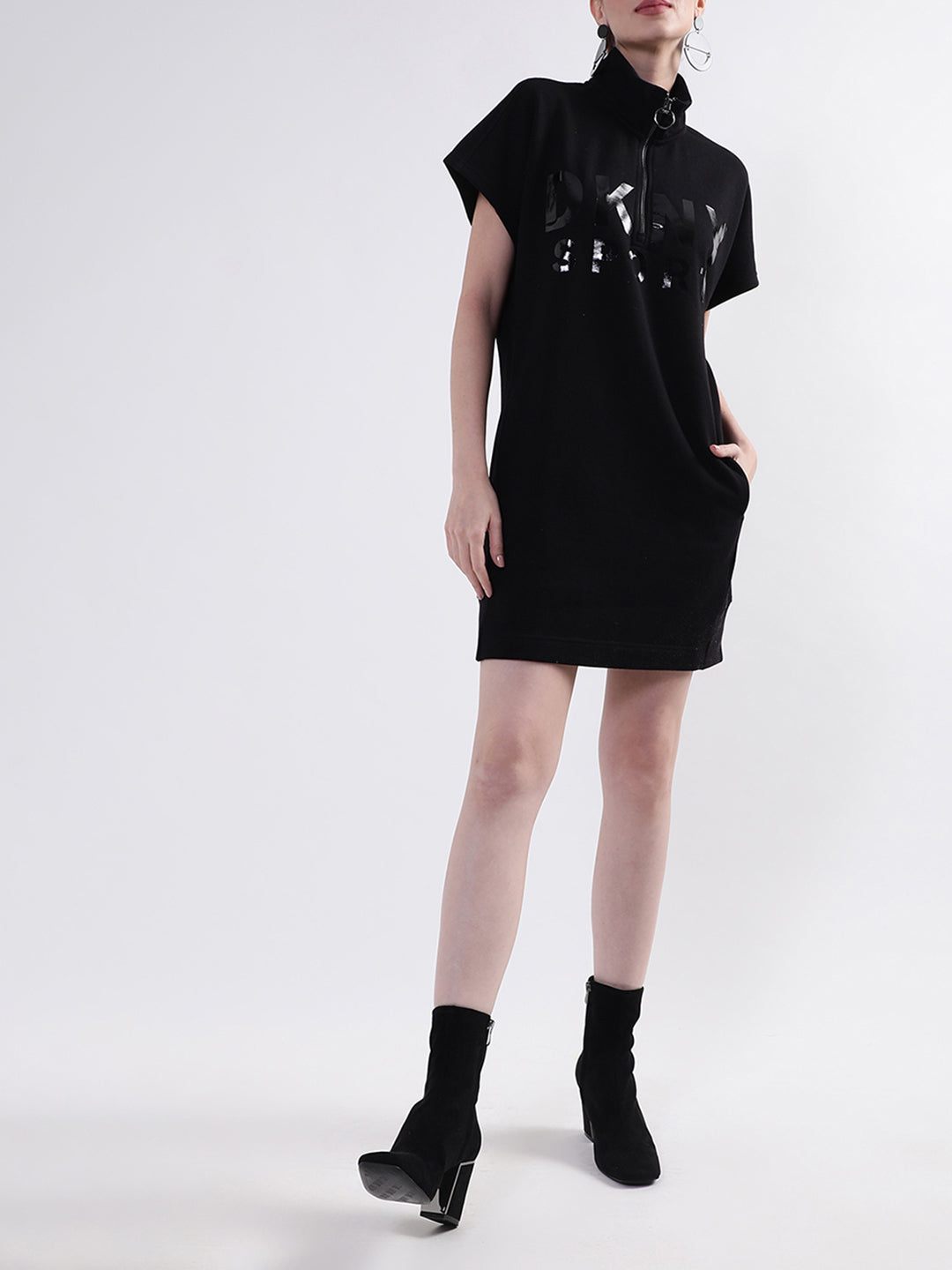 DKNY Women Black Solid High Neck Dress