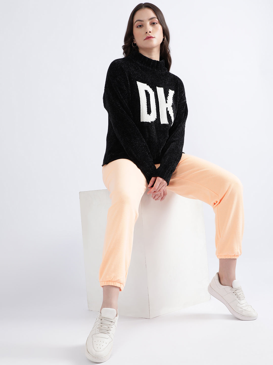 DKNY Women Black Printed Turtle Neck Sweater