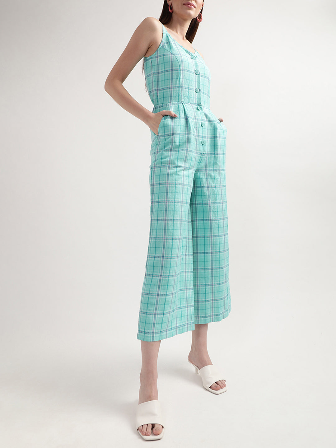 Elle Women Green Checked V Neck Jumpsuit
