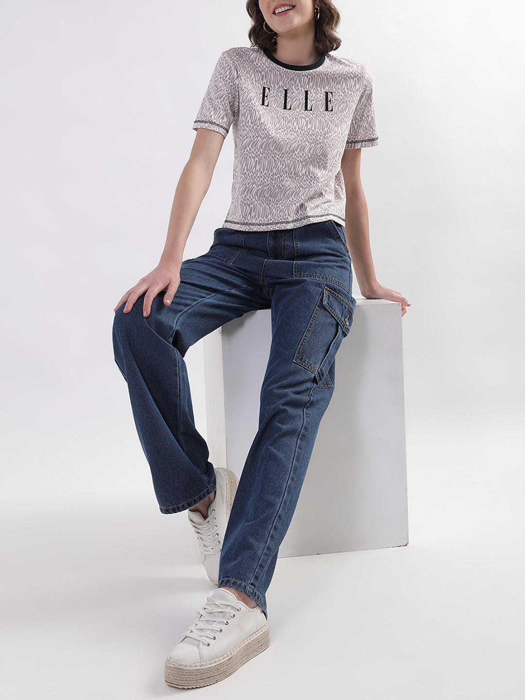 Elle Women Beige Solid Round Neck TShirt