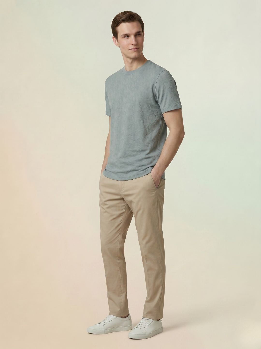 Iconic Men Green Jacquard Regular Fit Pure Cotton T-Shirt