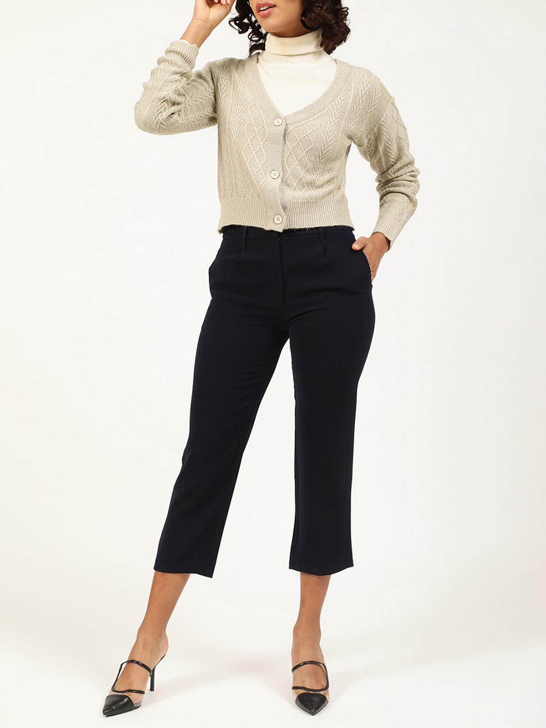 Centre Stage Women Grey Solid V Neck Sweater