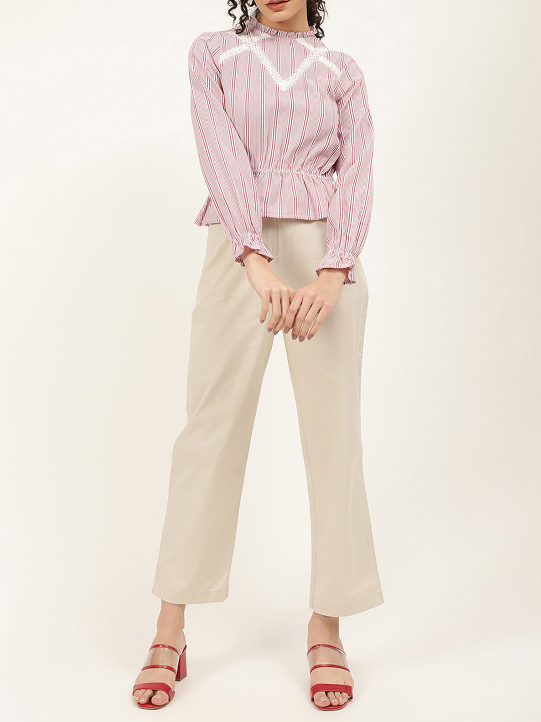Elle Women Lilac Striped Round Neck Top