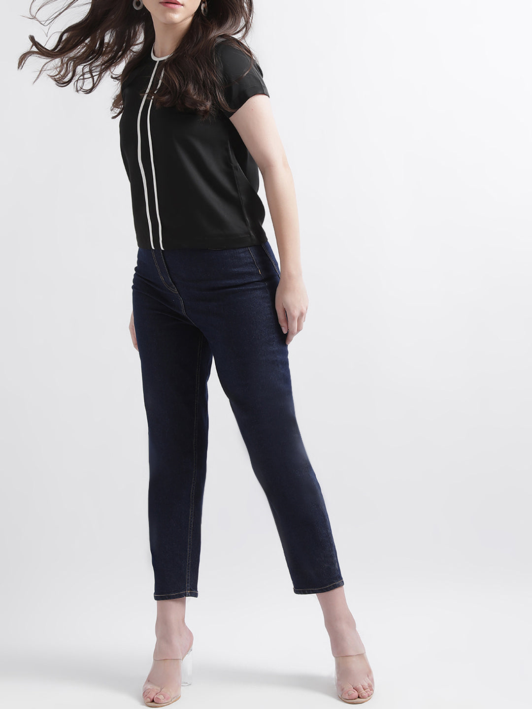 Centre Stage Women Black Solid Round Neck Top