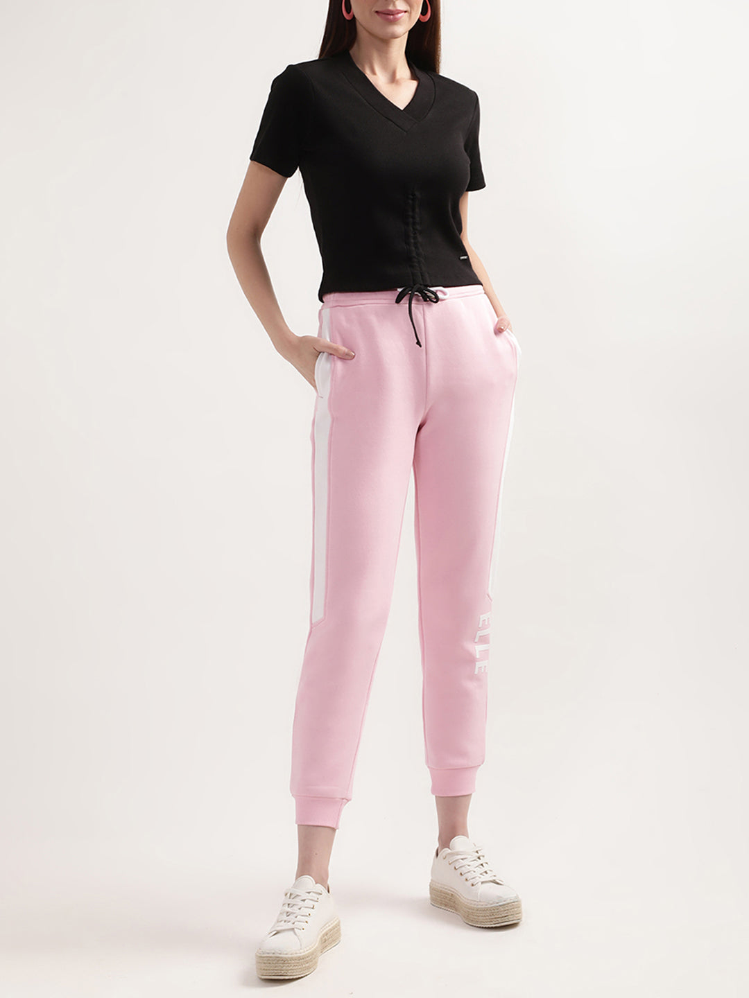 Elle Women Black Solid V Neck TShirt