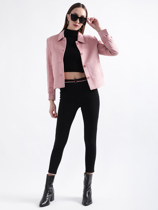 Centre Stage Women Pink Solid Collar Jacket