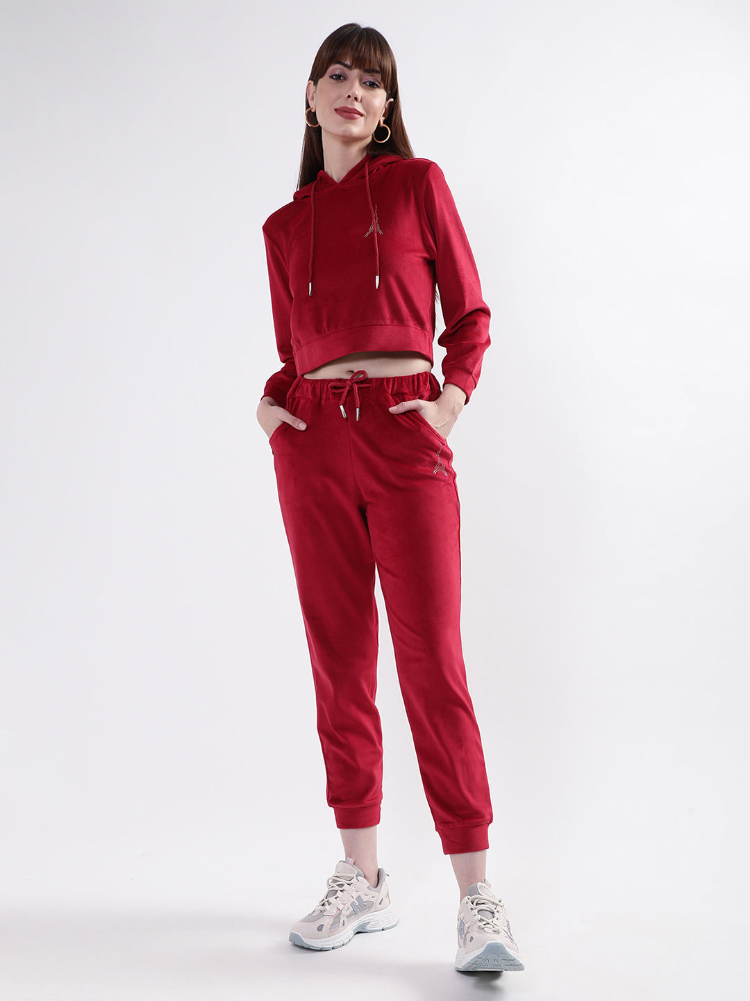 Elle Women Maroon Solid Hooded Sweatshirt