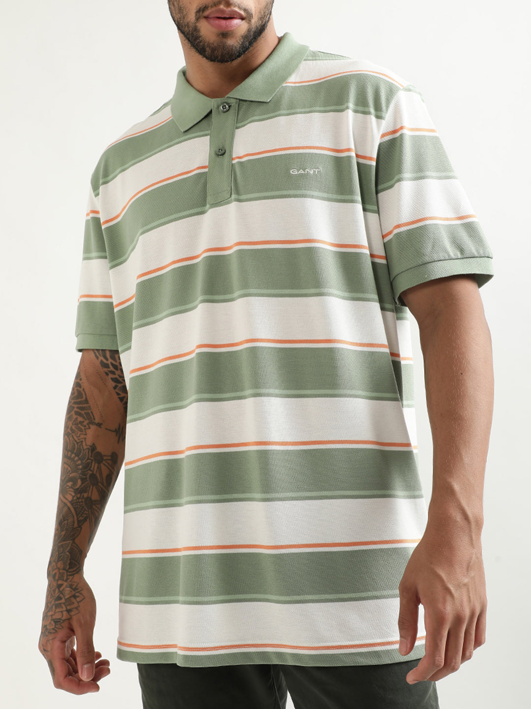 Gant Green Striped Regular Fit Polo T-Shirt