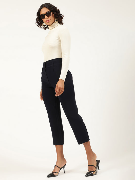 Centre Stage Women Navy Blue Solid Straight Fit Trouser