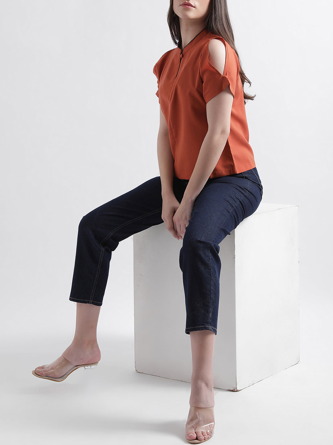 Centre Stage Women Rust Solid Band Collar Top