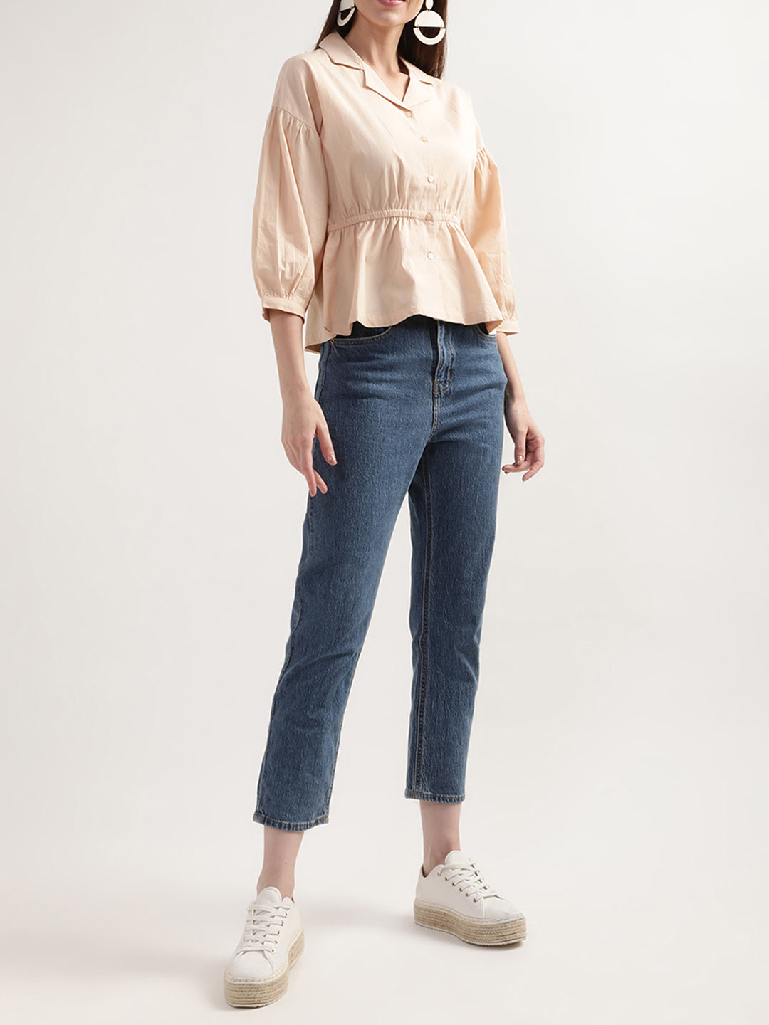 Elle Women Beige Solid Collar Top