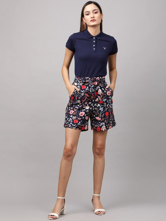 Gant Women Navy Blue Floral Printed Linen Shorts
