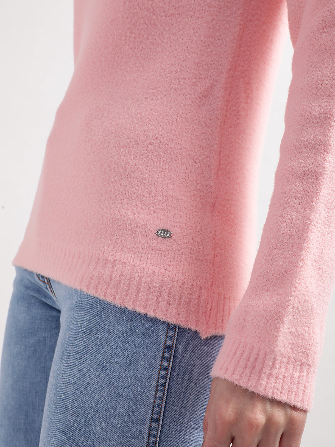 Elle Women Pink Solid Round Neck Sweater