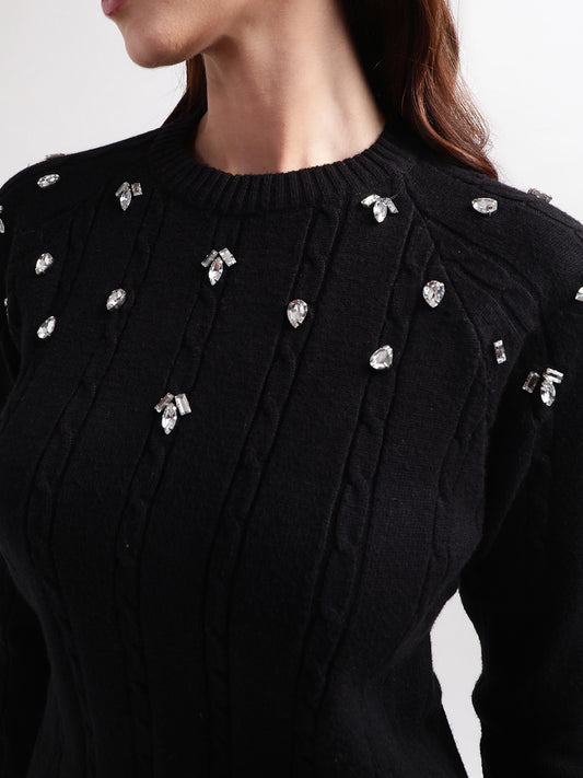 Elle Women Black Solid Round Neck Sweater