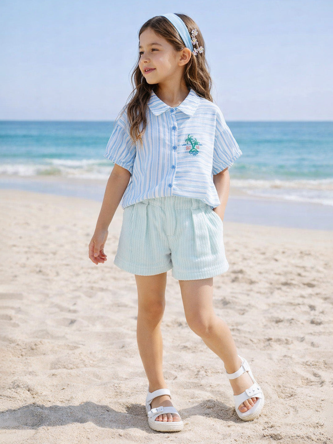 Blue Giraffe Girls White Striped Regular Fit Top