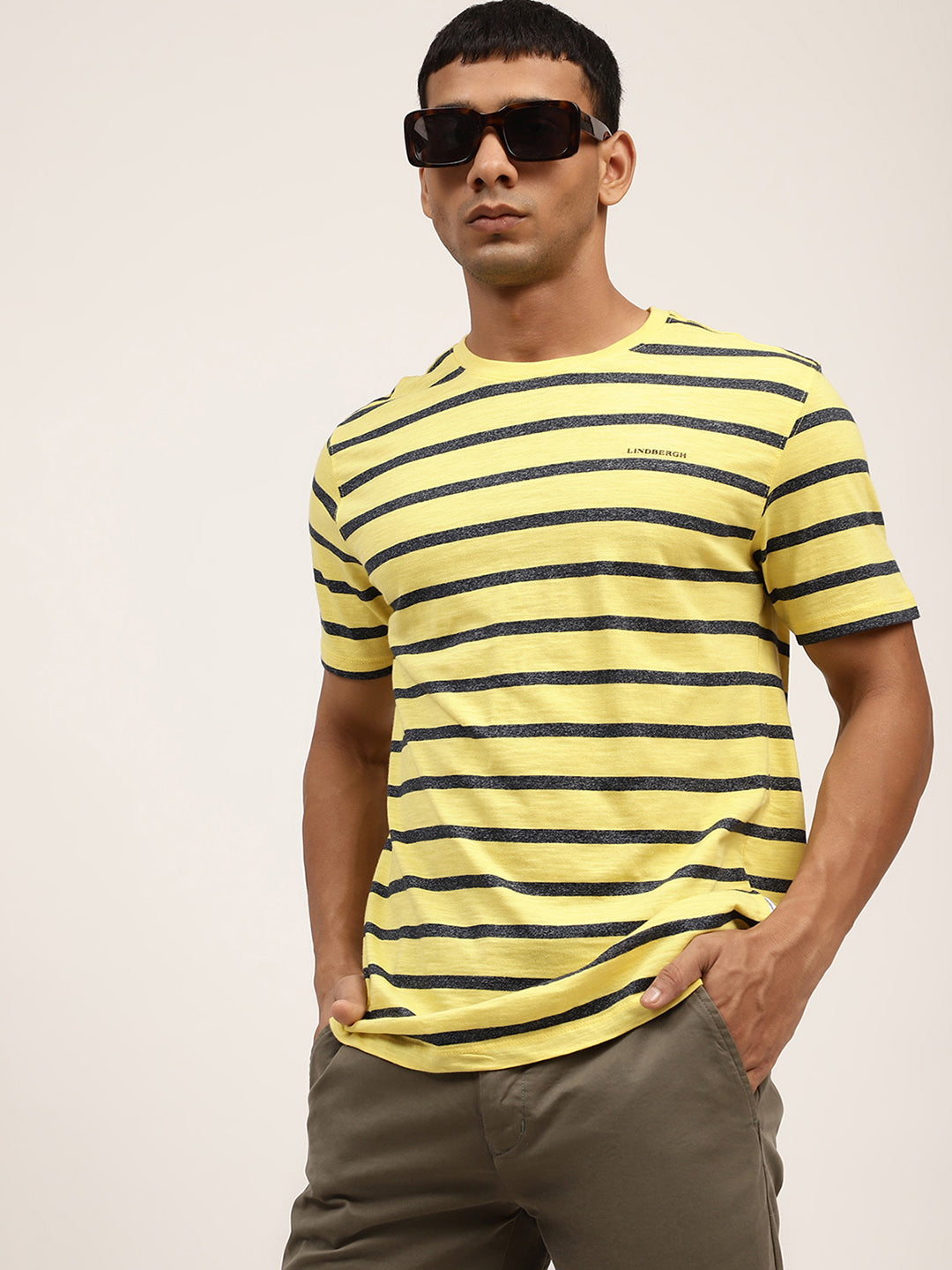 Lindbergh Men Yellow Striped Round Neck TShirt