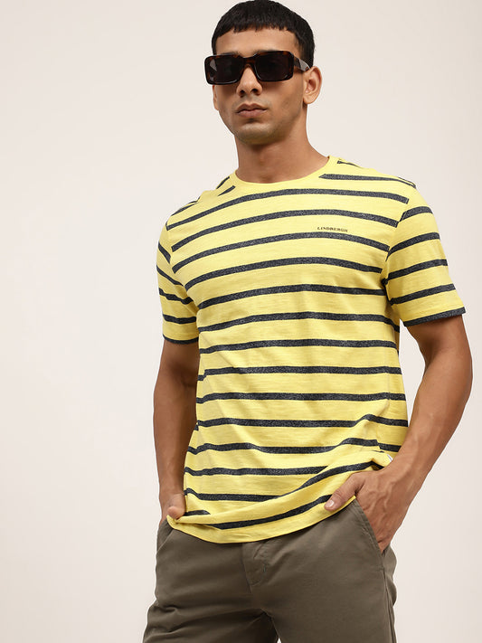 Lindbergh Men Yellow Striped Round Neck TShirt
