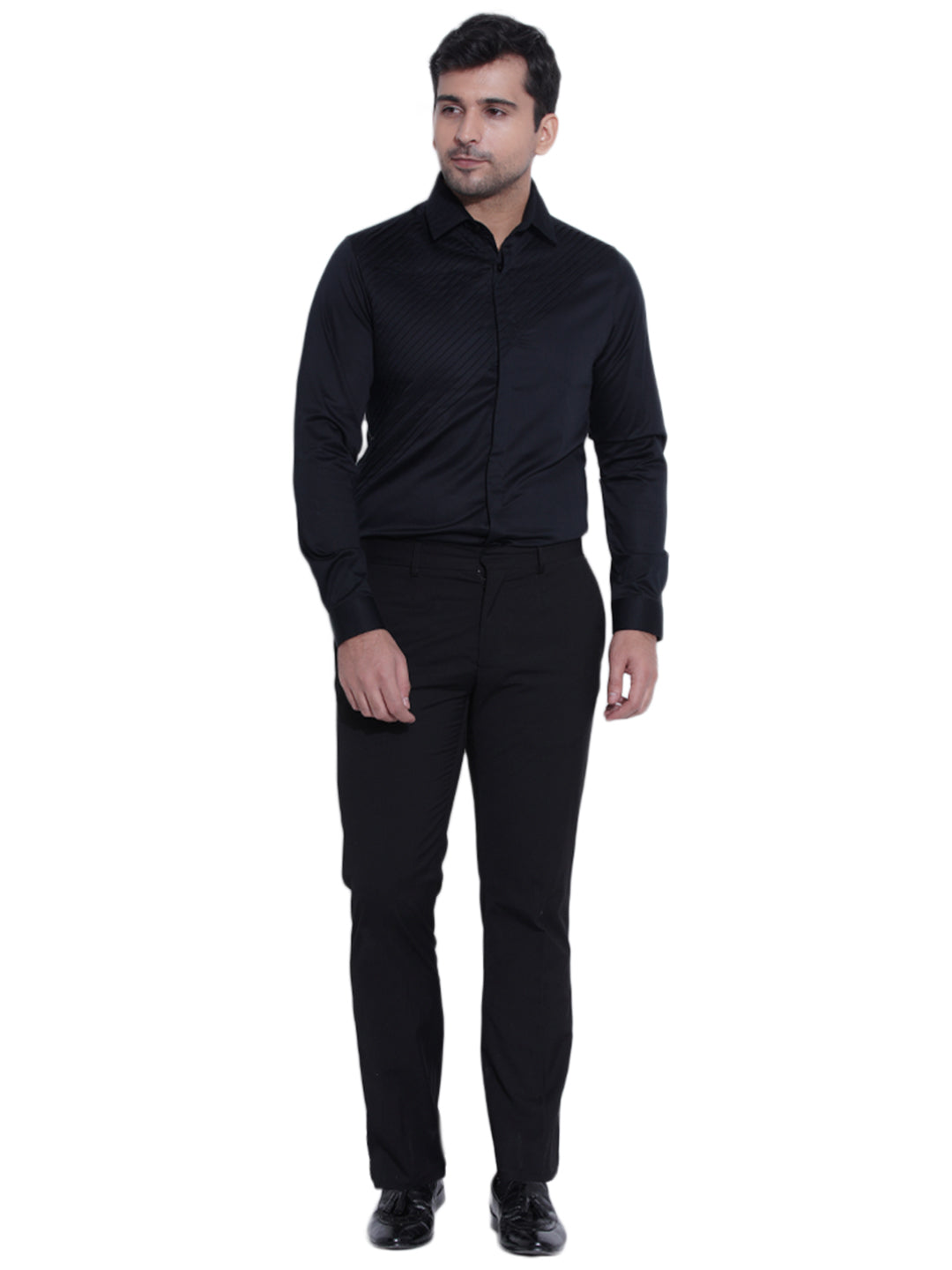 Abkasa Men Black Pleats Collar Shirt