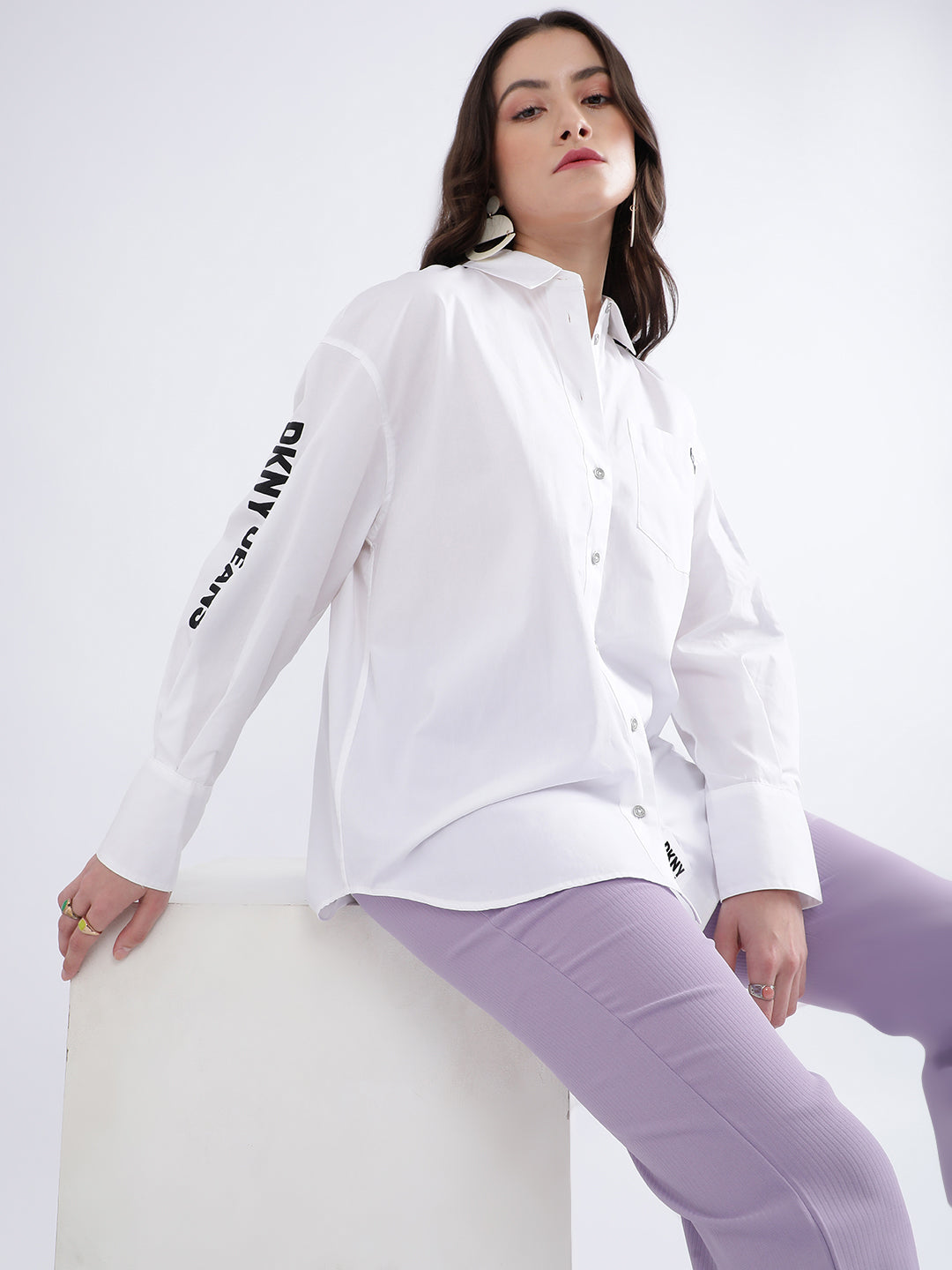 DKNY Women White Solid Collar Shirt