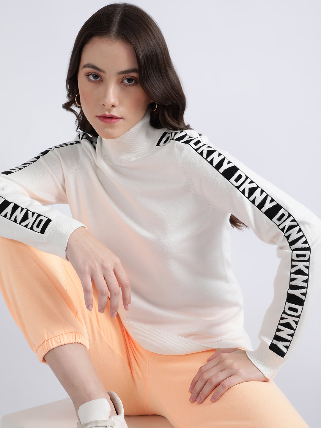 DKNY Women Ivory Printed Turtle Neck Sweater