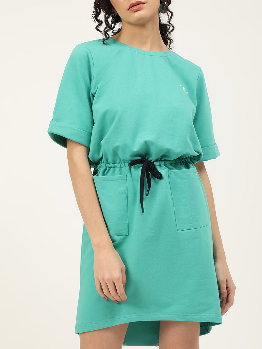 Elle Women Teal Solid Round Neck Dress