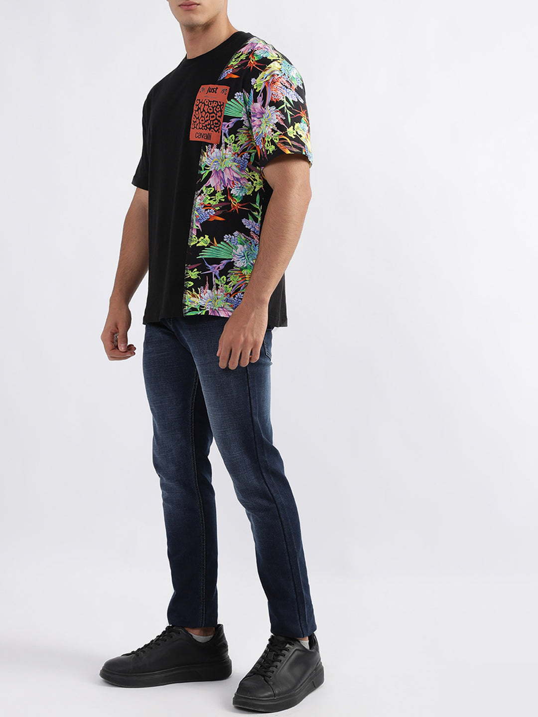 Just Cavalli Black Fashion Floral Print Slim Fit T-Shirt