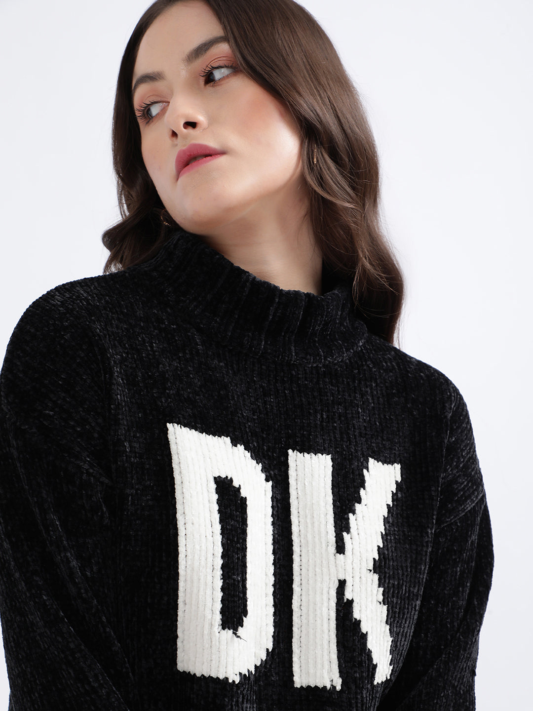 DKNY Women Black Printed Turtle Neck Sweater