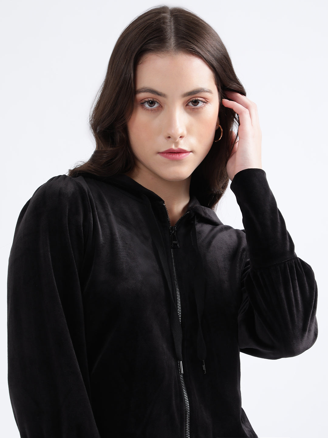 DKNY Women Black Solid Hooded Sweatshirt