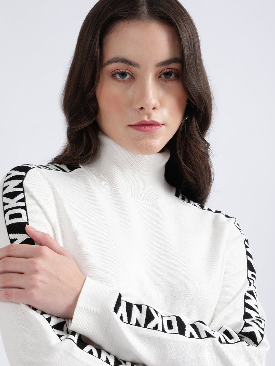 DKNY Women Ivory Printed Turtle Neck Sweater