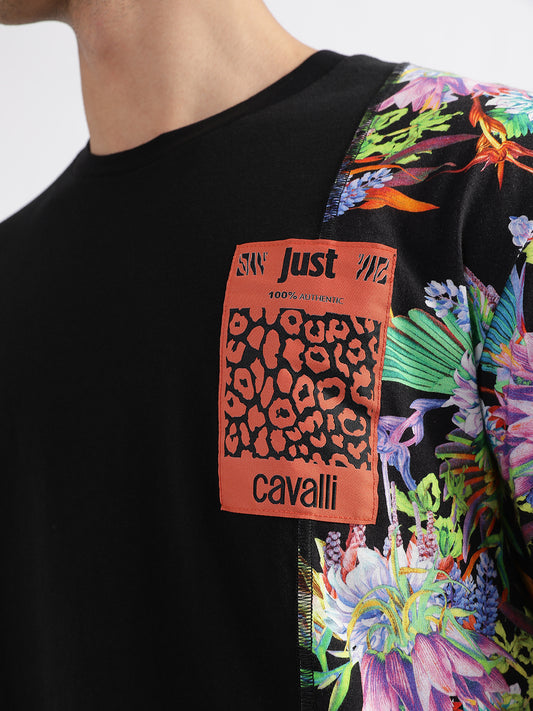 Just Cavalli Black Fashion Floral Print Slim Fit T-Shirt