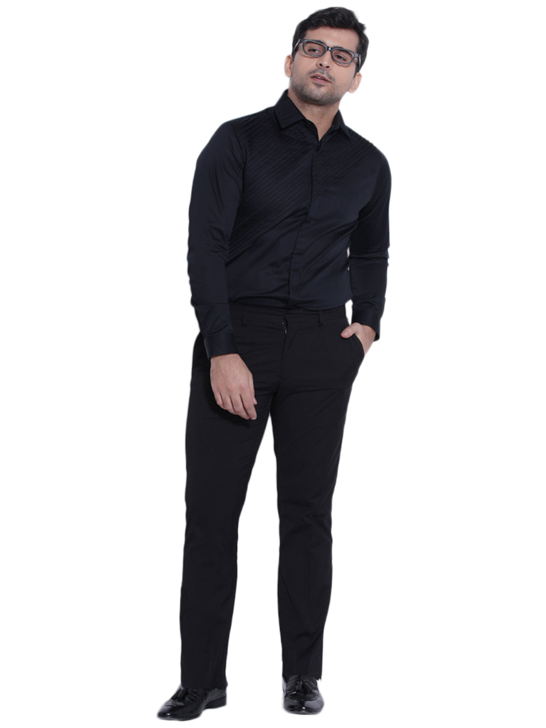 Abkasa Men Black Pleats Collar Shirt