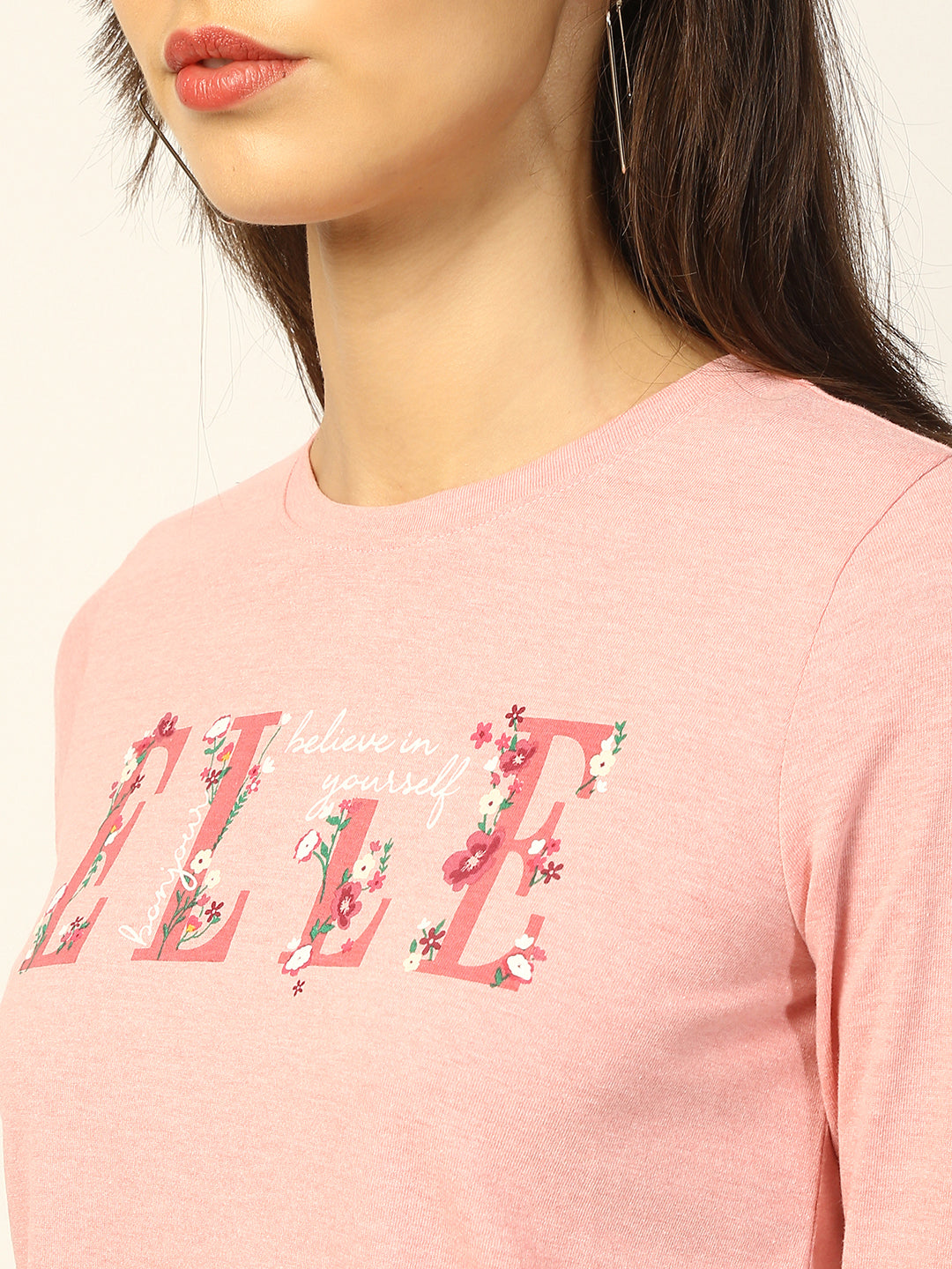 Elle Women Pink Embroidered Round Neck TShirt