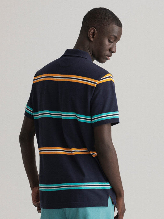 Gant Navy Blue Striped Regular Fit Polo T-Shirt