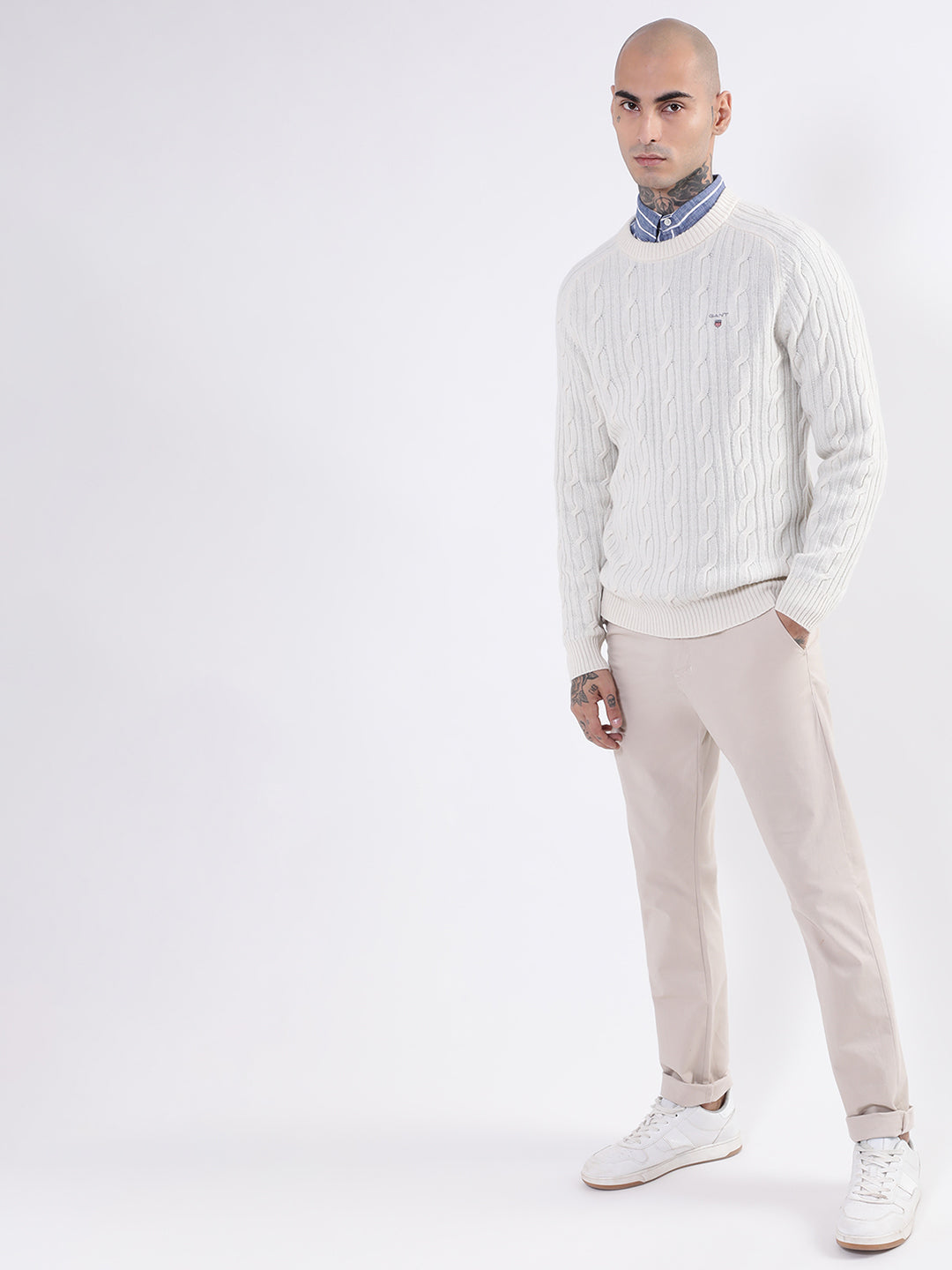 Gant Men Cream-Coloured Cable Knit Pullover