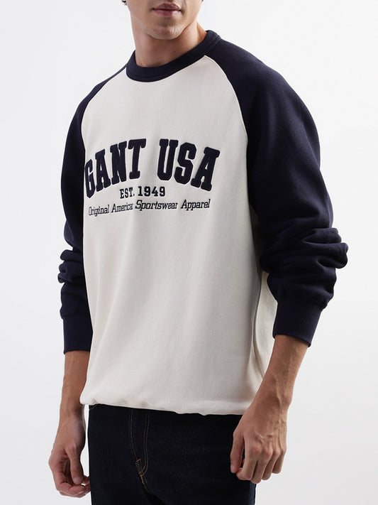 Gant Men Cream Colour Blocked Round Neck Sweatshirt