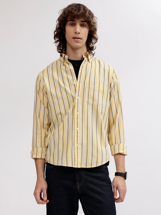 Gant Men Yellow Striped Button Down Collar Full Sleeves Shirt