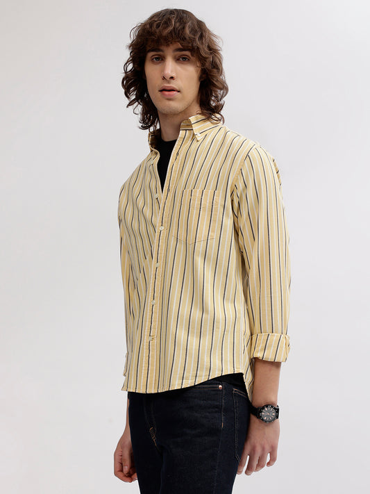 Gant Men Yellow Striped Button Down Collar Full Sleeves Shirt