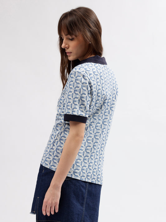 Gant Women Blue Printed Polo Collar Short Sleeves T-shirt
