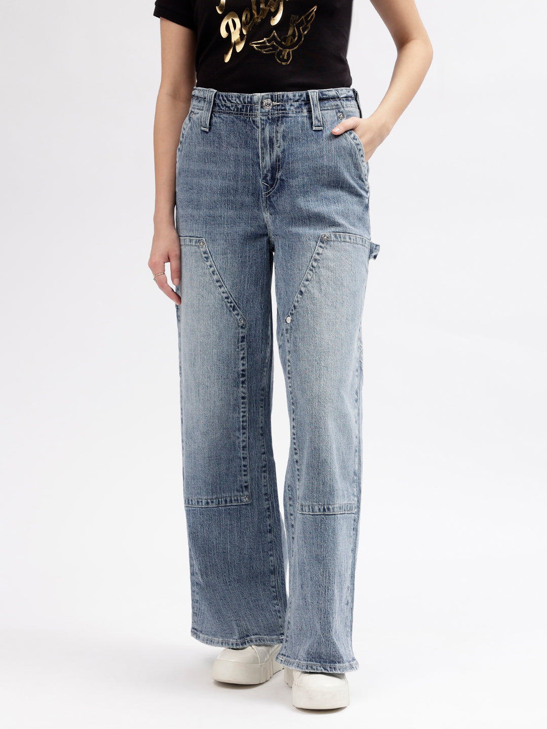 True Religion Women Blue Solid Fit and Flare Mid-Rise Jeans