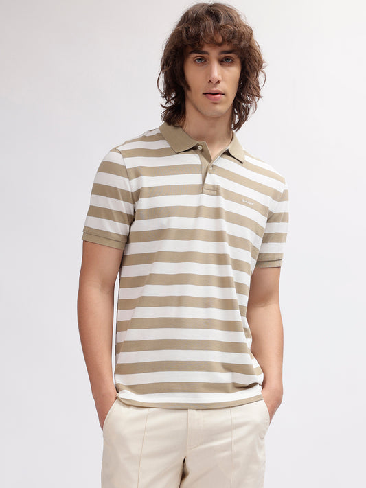 Gant Men Khaki Striped Polo Collar Short Sleeves T-shirt