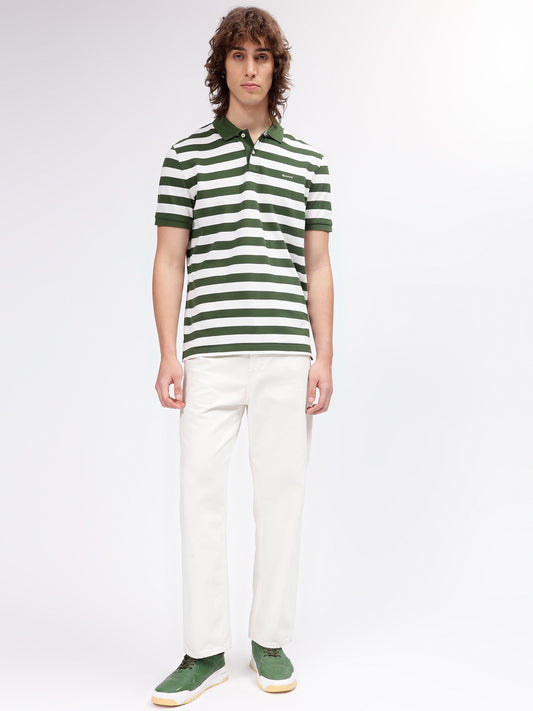 Gant Men Green Striped Polo Collar Short Sleeves T-shirt