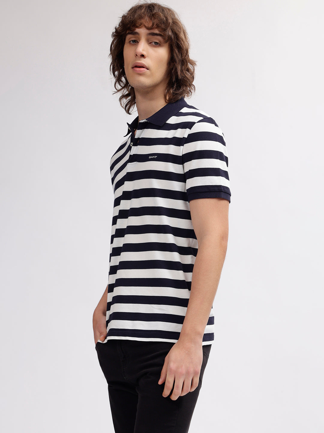 Gant Men Navy Blue Striped Polo Collar Regular fit Short Sleeves T-shirt