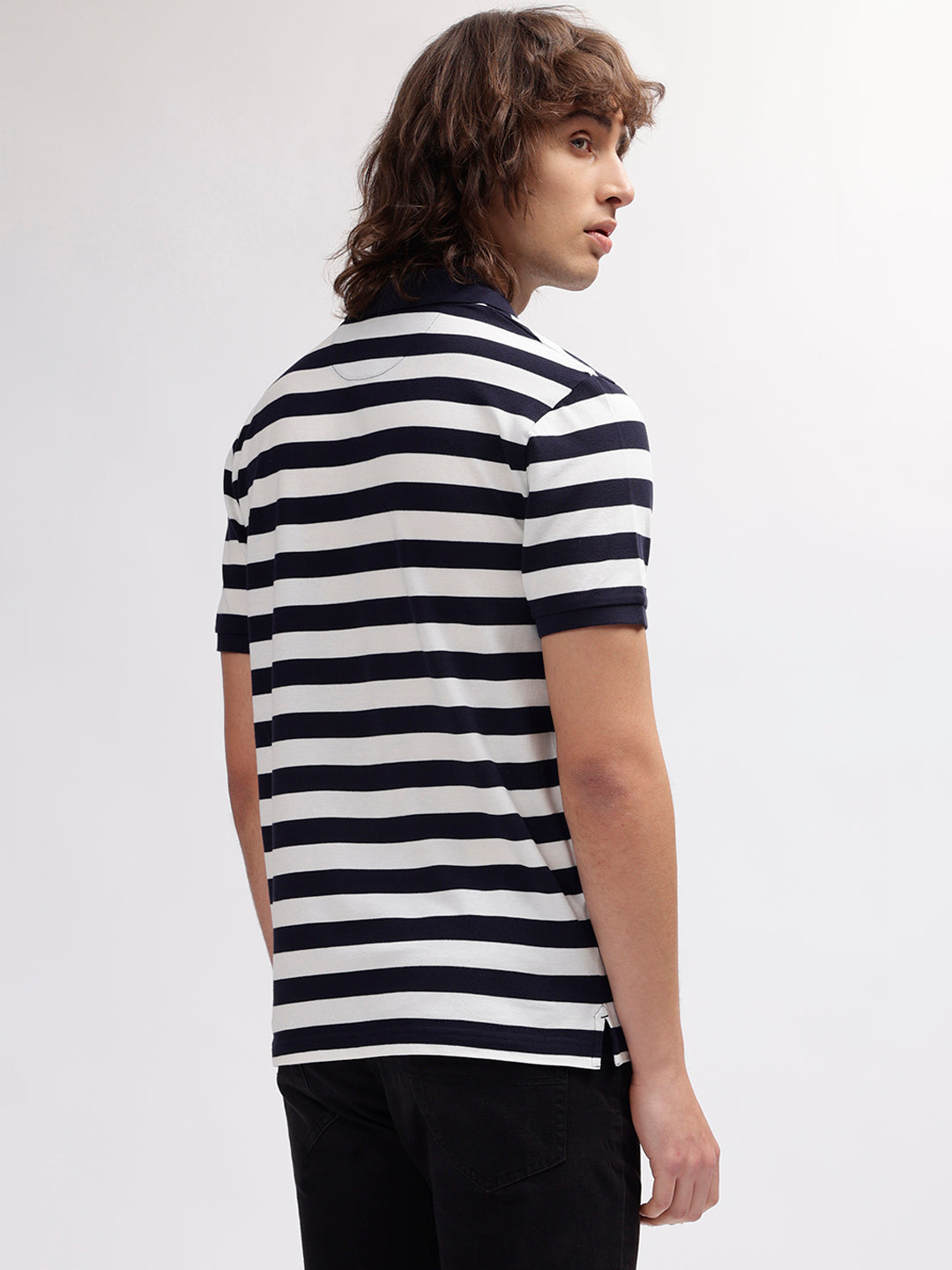 Gant Men Navy Blue Striped Polo Collar Regular fit Short Sleeves T-shirt