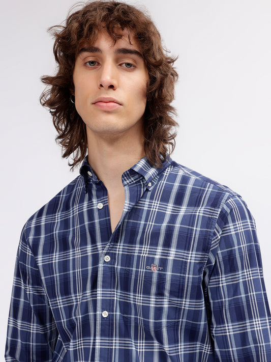 Gant Men Blue Checked Button-down Collar Long Sleeves Shirt