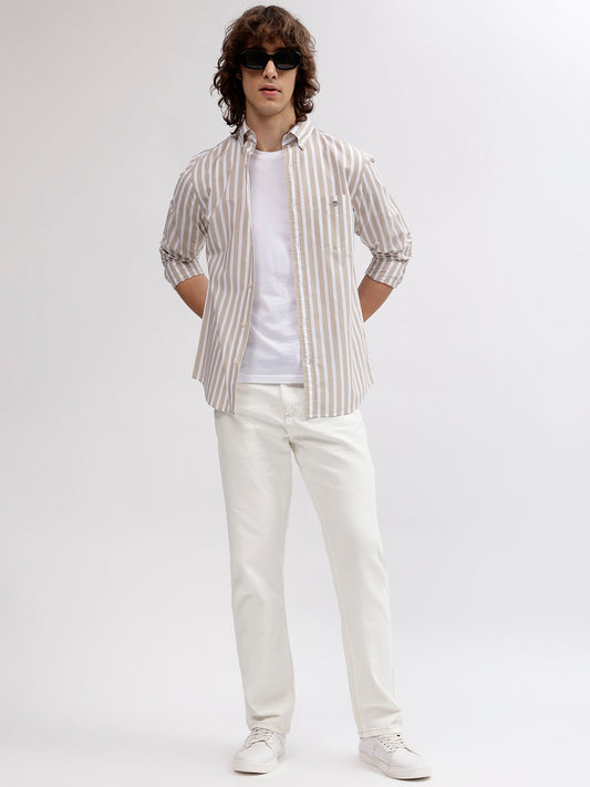Gant Men Khaki Striped Button Down Collar Full Sleeves Shirt