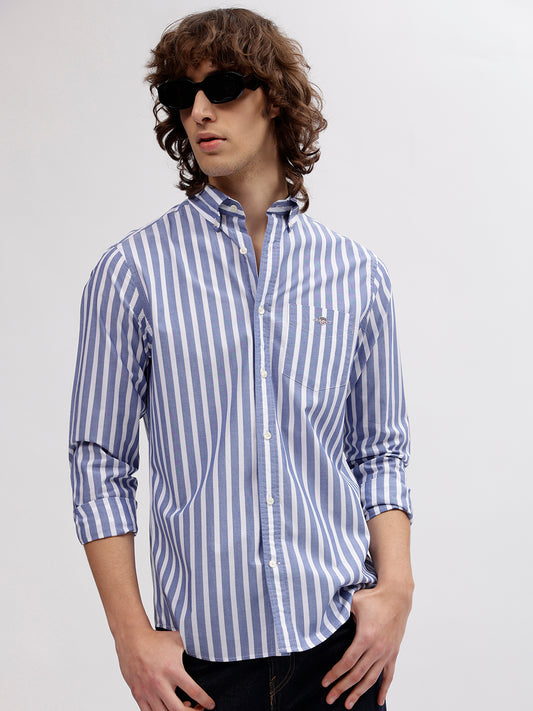 Gant Men Blue Striped Button Down Collar Full Sleeves Shirt
