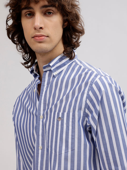 Gant Men Blue Striped Button Down Collar Full Sleeves Shirt